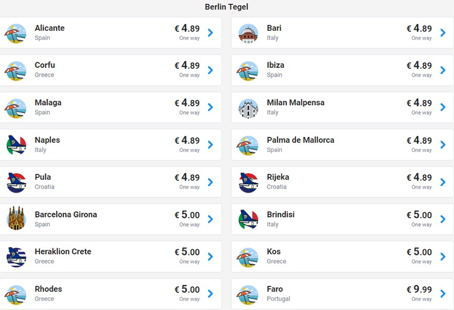 Авіаквитки на сонячні курорти Іспанії, Португалії та Греції від 5€ розпродаж у Laudamotion! 3 Приклад тарифів на перельоти з Берліну: