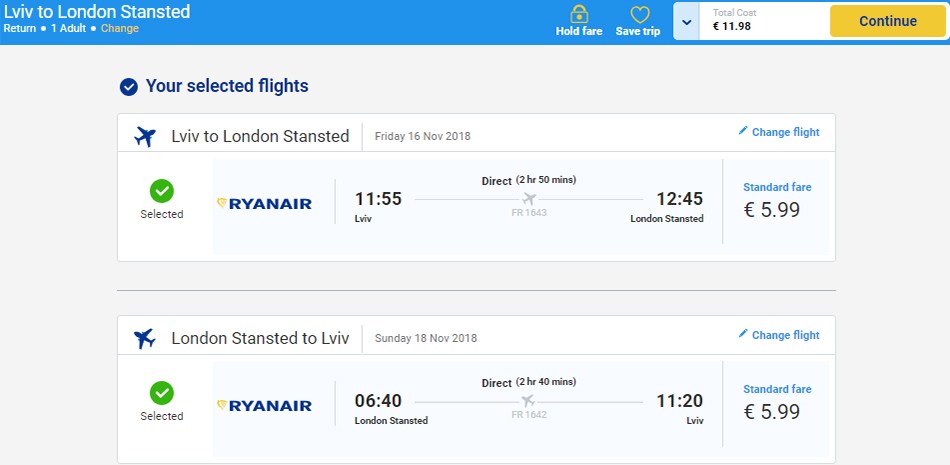 Рекорд у Ryanair! Зі Львова у Лондон від 6€, із Києва від 8€! 2 Приклад бронювання перельоту Львів - Лондон - Львів на сайті Ryanair